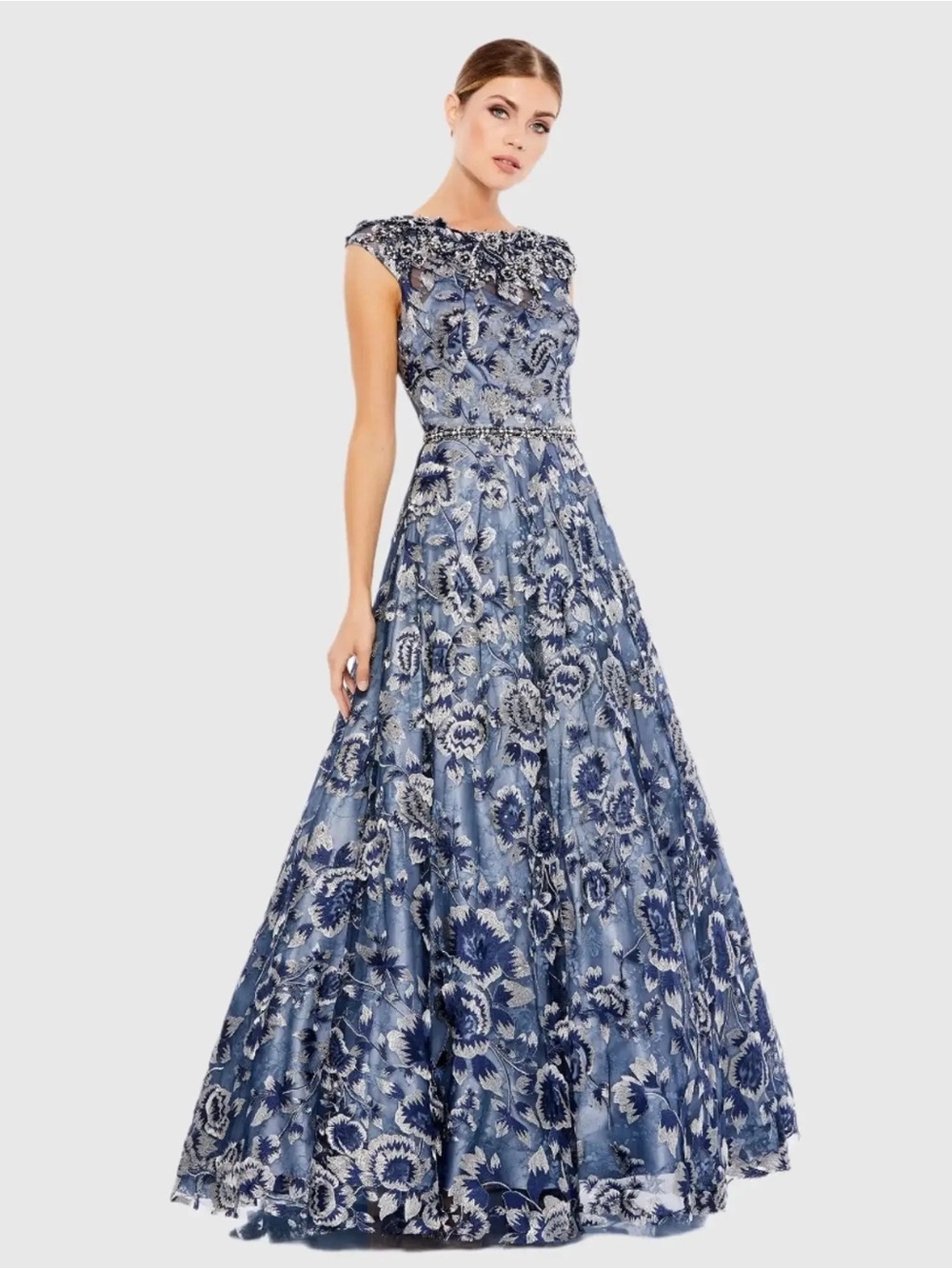 MAC DUGGAL Blue Embellished Cap Sleeve High Neck Ball Gown